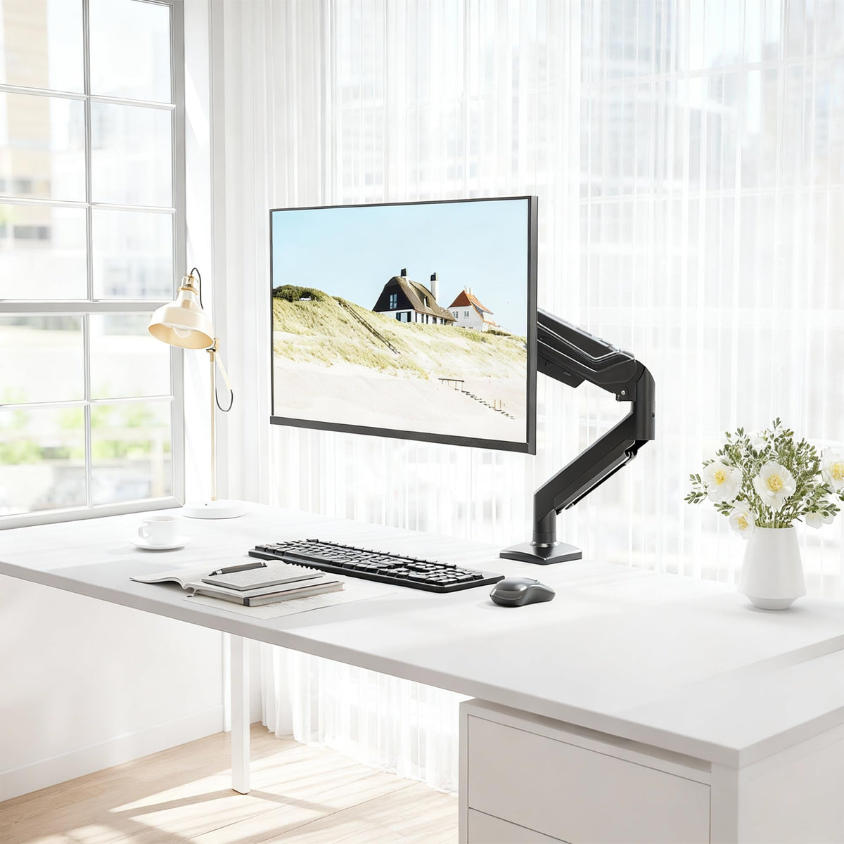 BONTEC Single Monitor Arm Desk Mount for 24-38 Inch Flat or Curved Screens, Gas Spring Adjustable 12kg Heavy Duty Monitor Arm with Tilt Swivel Rotation, VESA 75x75/100x100 mm, Cable Management System