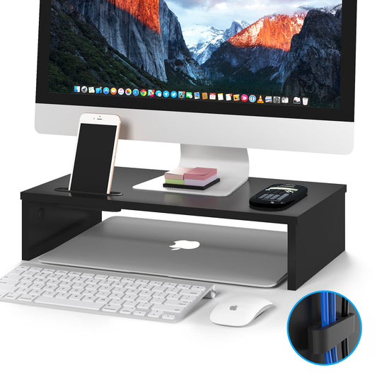 BONTEC Wood Monitor Stand Riser with Smartphone Holder, Ergonomic Laptop Desk Printer Stand with Cable Management for Computer, Notebook, iMac, PC, 1 Tier Black (W420 x D235 x H104mm)