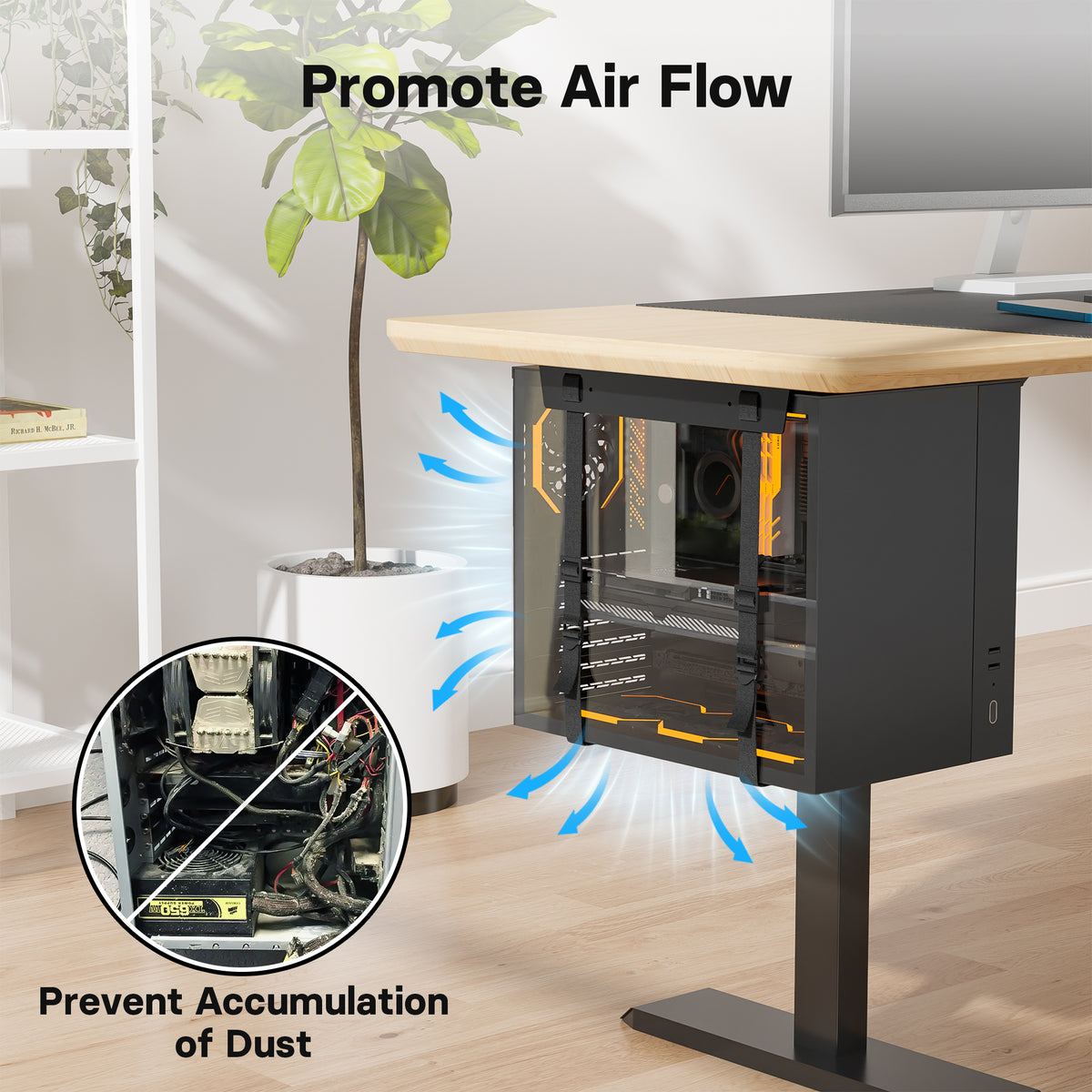 BONTEC Adjustable Under Desk PC Mount, Steel CPU Holder with 20 kg Capacity | Space-saving suspended design, secure straps fit towers up to 71 in (180 cm), simple fitting, keeps work areas clear and tidy