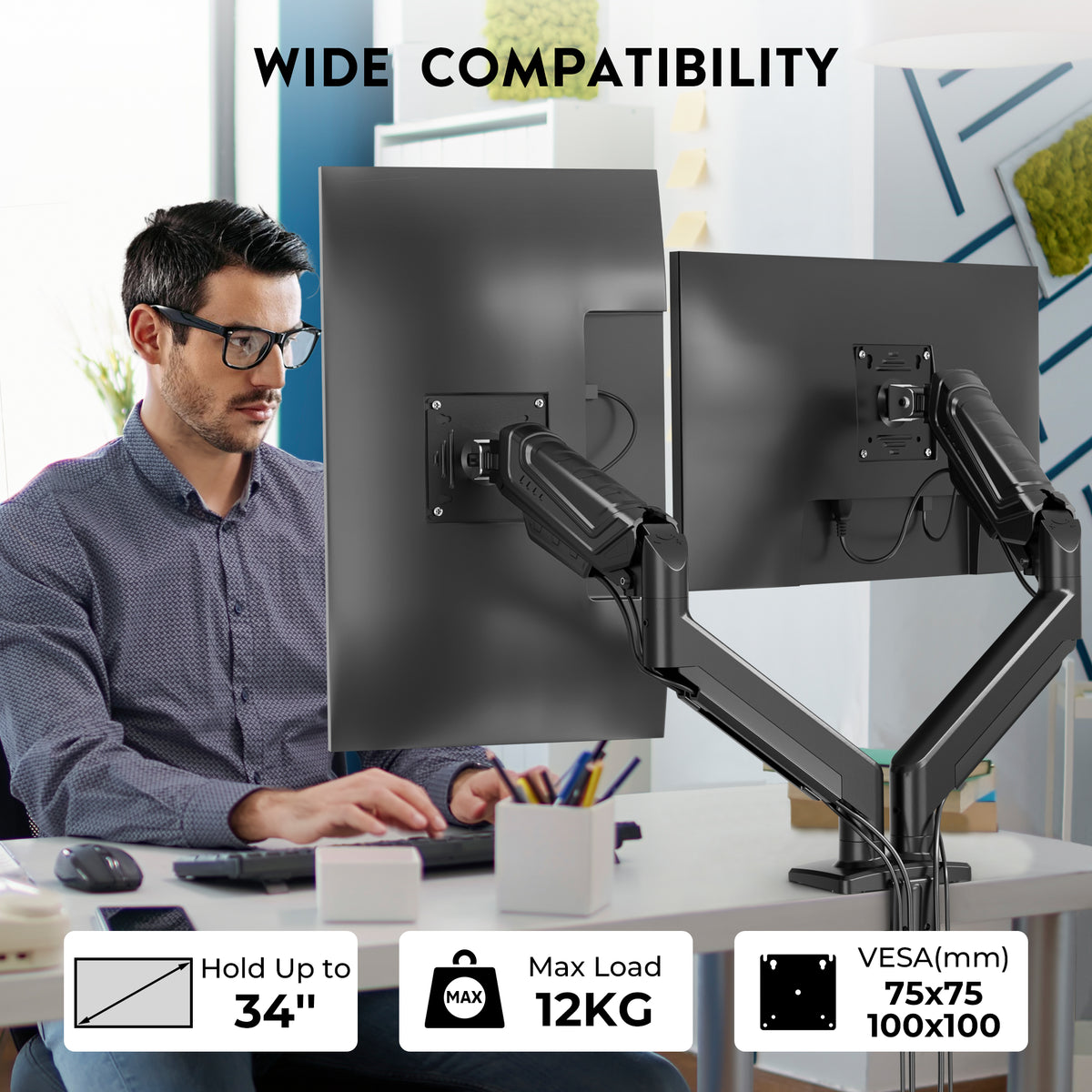 BONTEC Dual Monitor Stand for 24-34 Inch Screens, Adjustable Gas Spring Monitor Arm Desk Mount, Full Motion Adjustment, VESA 75x75 100x100, C Clamp, Ergonomic for Office or Gaming, Cable Management