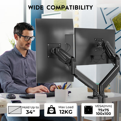 BONTEC Dual Monitor Stand for 24-34 Inch Screens, Adjustable Gas Spring Monitor Arm Desk Mount, Full Motion Adjustment, VESA 75x75 100x100, C Clamp, Ergonomic for Office or Gaming, Cable Management