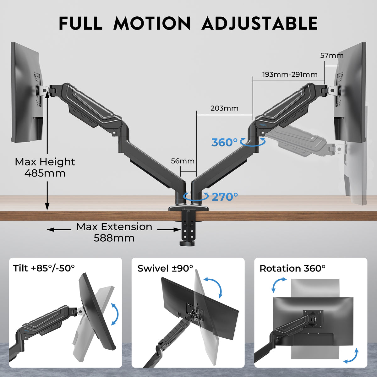 BONTEC Dual Monitor Stand for 24-34 Inch Screens, Adjustable Gas Spring Monitor Arm Desk Mount, Full Motion Adjustment, VESA 75x75 100x100, C Clamp, Ergonomic for Office or Gaming, Cable Management