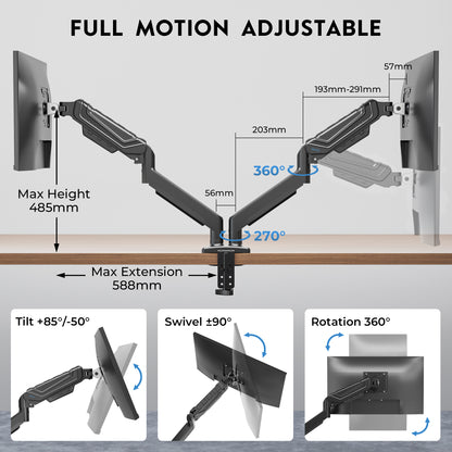 BONTEC Dual Monitor Stand for 24-34 Inch Screens, Adjustable Gas Spring Monitor Arm Desk Mount, Full Motion Adjustment, VESA 75x75 100x100, C Clamp, Ergonomic for Office or Gaming, Cable Management