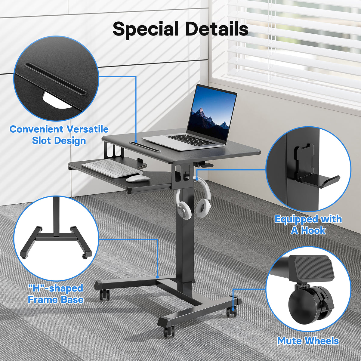 BONTEC Poste de travail mobile informatique à deux niveaux 65x45cm, Bureau réglable en hauteur avec 4 roulettes, Support d'ordinateur portable à roulettes, Table d'appoint portable pour le bureau, le salon, la chambre à coucher