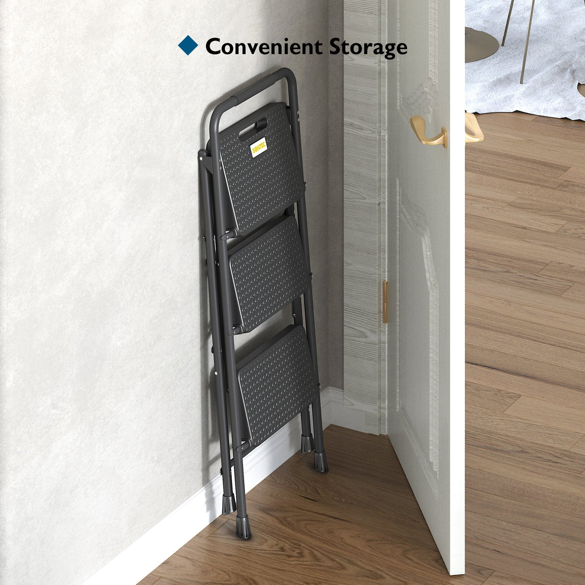 BONTEC 3 Step Ladder, Capacity 272KG with Wide Anti-Slip Pedals, Folding Steel Step Stool, Sponge Handlebar, Lightweight Portable Ladder Suitable for Home, Kitchen, Pantry, Indoor/Outdoor Use, Black
