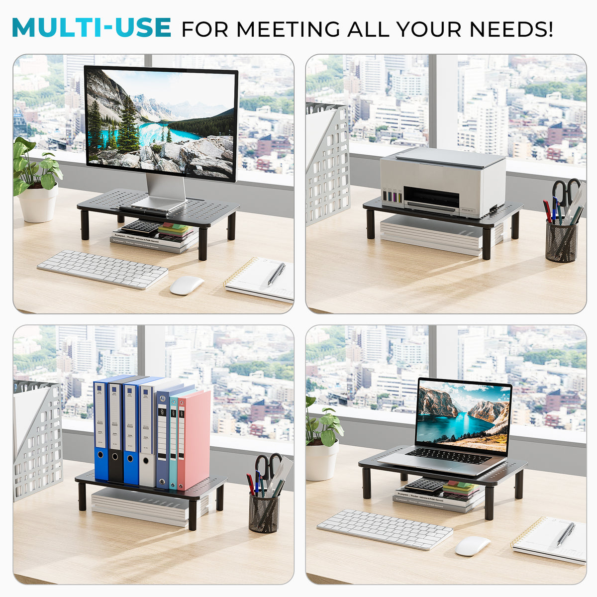 BONTEC Adjustable Monitor Stand, Ergonomic Metal Riser with 3 Height Levels (100/120/140mm), Ventilated Mesh Surface, Up to 20KG Weight Capacity, Cable Management, Laptop & Computer Monitor Riser