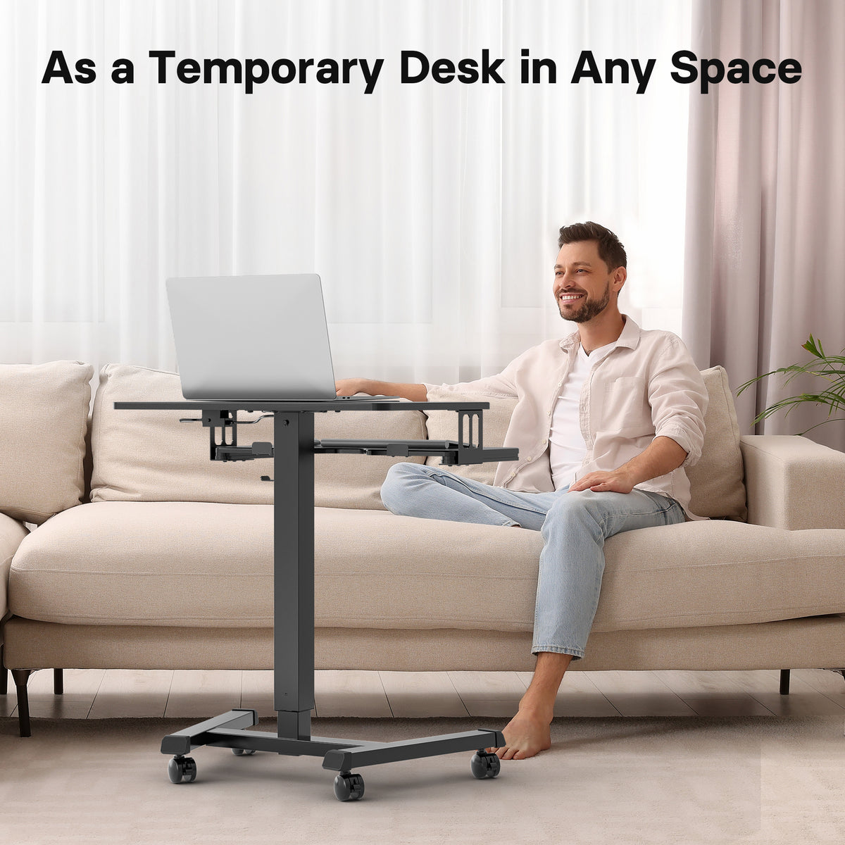 BONTEC Poste de travail mobile informatique à deux niveaux 65x45cm, Bureau réglable en hauteur avec 4 roulettes, Support d'ordinateur portable à roulettes, Table d'appoint portable pour le bureau, le salon, la chambre à coucher