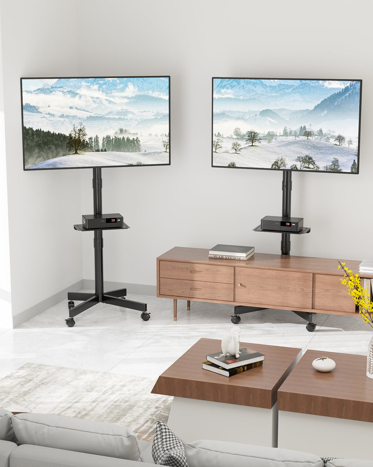 BONTEC Mobile TV Stand on Wheels, Rolling TV Cart with Media Shelf, TV Mount Stand with Tilt, 2-Level Height Adjustable Low-Profile Design for 23–60in LED/LCD/OLED TVs, Holds 40kg, Max VESA 400x400mm