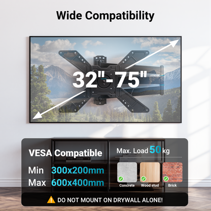 Support Mural Universel TV Plein Mouvement BONTEC pour Téléviseurs Intelligents de 32 à 75 Pouces, Support d'Angle avec Bras Extra Long de 838 mm, Rotation Paysage vers Portrait, Pivotant et Inclinable, Capacité de Charge de 50 kg, VESA Max 600x400 mm