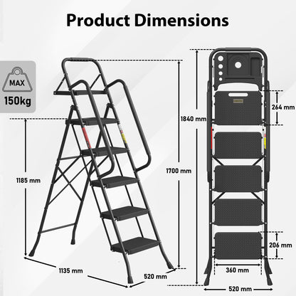 BONTEC 5 Step Ladder, Foldable Metal Stool with Tool Tray, 150 kg Load Steel frame, wide anti-slip pedals, sponge-covered handrail, compact storage, for kitchens, garages, indoor and outdoor tasks