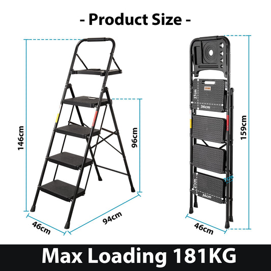BONTEC 5 Step Ladder, Foldable Metal Stool with Tool Tray, 150 kg Load Steel frame, wide anti-slip pedals, sponge-covered handrail, compact storage, for kitchens, garages, indoor and outdoor tasks