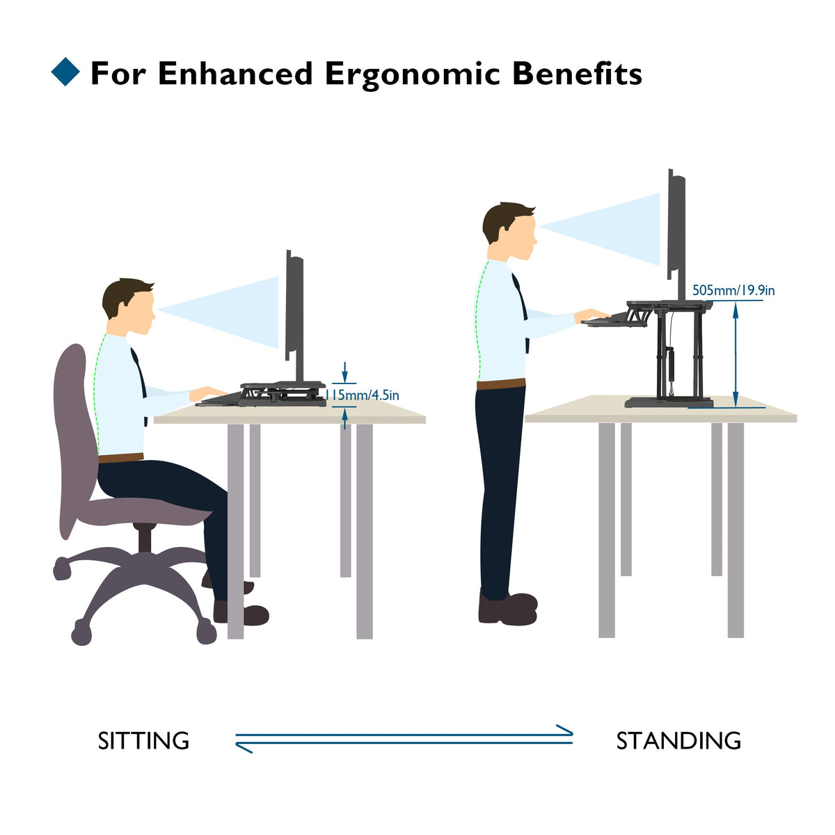 BONTEC Standing Desk Converter, 32in/80cm Height-Adjustable Dual Tier Workstation, Ergonomic Sit-Stand Desk Converter for PC Laptop Keyboard, Monitor Stand Compatible, Up to 15kg, Home Office