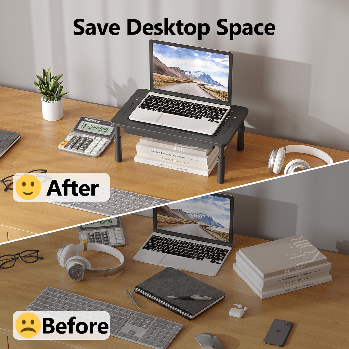 BONTEC Support d'écran avec tiroir, Rehausseur d'écran 3 hauteurs réglables pour Bureau, Plateforme en maille pour Ordinateur portable, Ordinateur, iMac, Imprimante jusqu'à 20 kg, Organisateur de bureau avec serre-câbles inclus