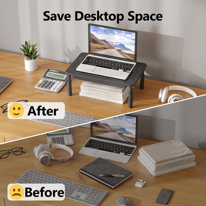 BONTEC Support d'écran avec tiroir, Rehausseur d'écran 3 hauteurs réglables pour Bureau, Plateforme en maille pour Ordinateur portable, Ordinateur, iMac, Imprimante jusqu'à 20 kg, Organisateur de bureau avec serre-câbles inclus