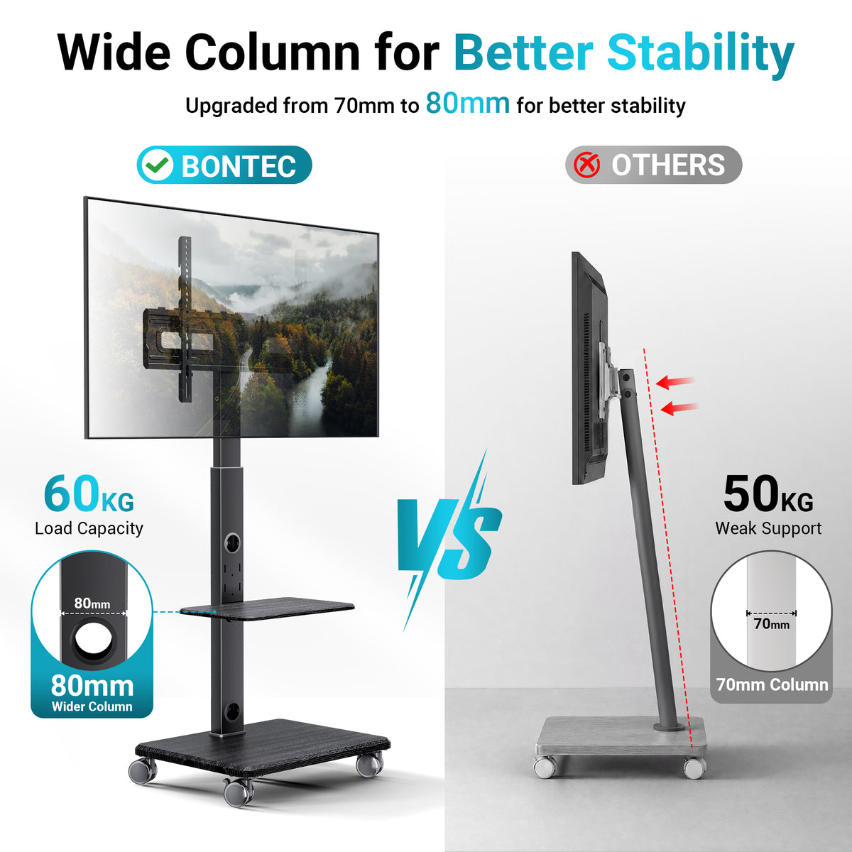 BONTEC TV Stand on Wheels, 5 Wheel Wooden Base Rolling Floor Mount for 32 to 80 inch TVs, Portable Mobile Cart, Wide Column, 60 kg, VESA 600x400, Smooth Castors, Dual Cable System, Height Adjustable