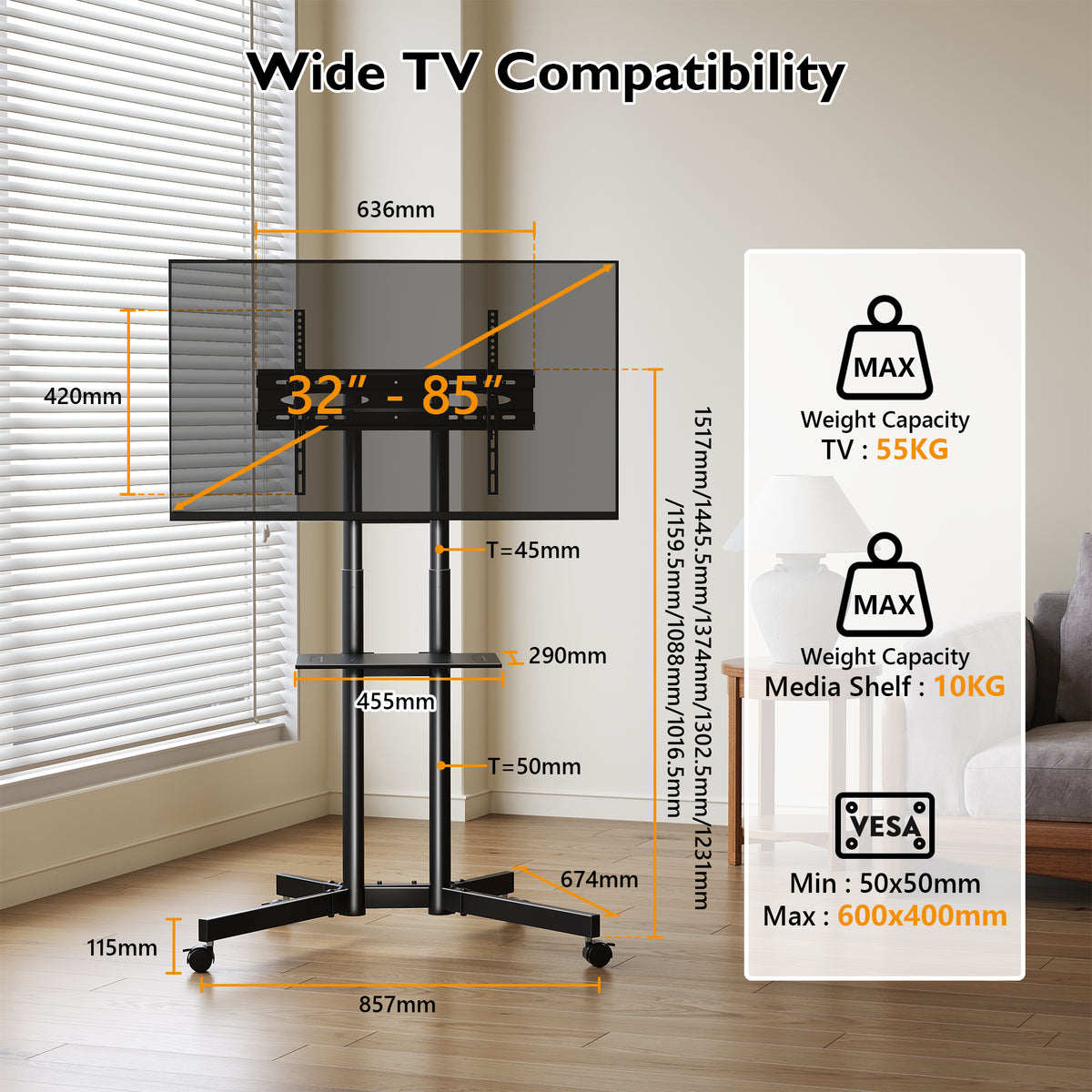 BONTEC Mobile TV Stand on Wheels, Rolling TV Cart with Locking Wheels for 32-85” LED, LCD, OLED Flat & Curved TVs, Tilt, Height Adjustable, Max VESA 600x400mm, 55kg Capacity, Laptop Shelf