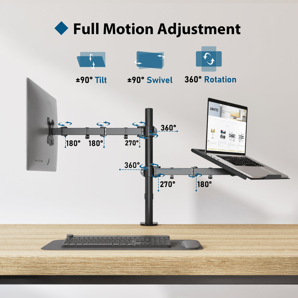 BONTEC Monitor Arm Mount with Laptop Tray for 13 to 27 inch LCD LED Screen & up to 17 inch Notebook,Tilt Rotation Swivel Ergonomic Desk Stand Bracket with Clamp, VESA Dimensions: 75x75-100x100mm