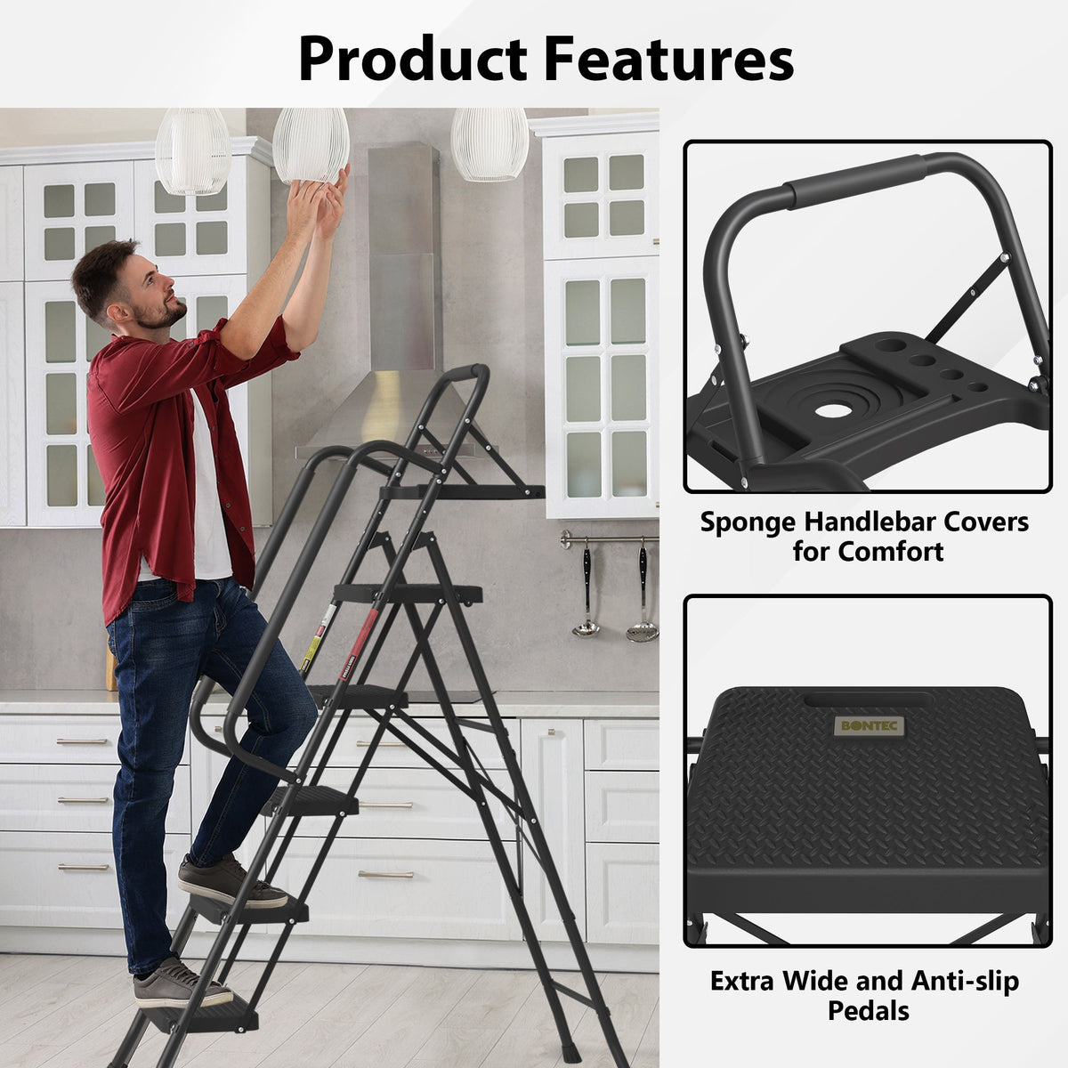 BONTEC 5 Step Ladder, Foldable Metal Stool with Tool Tray, 150 kg Load Steel frame, wide anti-slip pedals, sponge-covered handrail, compact storage, for kitchens, garages, indoor and outdoor tasks