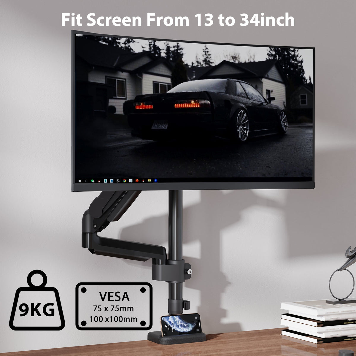 BONTEC Single Monitor Arm Desk Mount for 13-32 Inch Screens, Adjustable Gas Spring Arm Stand, VESA 75/100mm, 9kg Capacity, Tilt, Swivel, 360° Rotation, C-Clamp & Grommet Options, Ergonomic Design