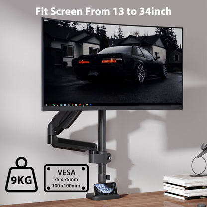 BONTEC Single Monitor Arm Desk Mount for 13-32 Inch Screens, Adjustable Gas Spring Arm Stand, VESA 75/100mm, 9kg Capacity, Tilt, Swivel, 360° Rotation, C-Clamp & Grommet Options, Ergonomic Design