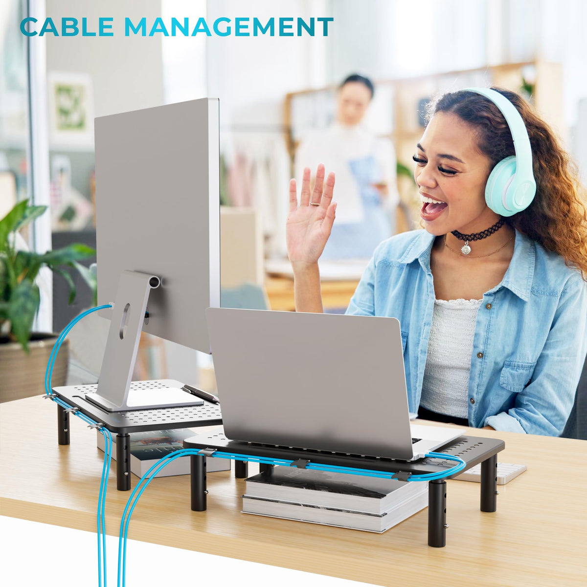 BONTEC Metal Monitor Stand, Adjustable Height Riser for Desk, Ergonomic 3-Level Desk Organizer with Cable Management, Laptop & Computer Monitor Stand up to 20KG, 2 Pack