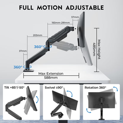BONTEC Single Monitor Arm Desk Mount for 24-38 Inch Flat or Curved Screens, Gas Spring Adjustable 12kg Heavy Duty Monitor Arm with Tilt Swivel Rotation, VESA 75x75/100x100 mm, Cable Management System