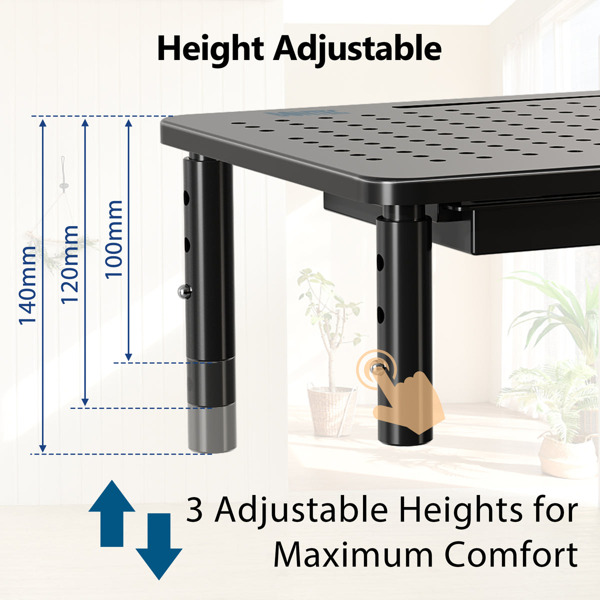 BONTEC Support d'écran avec tiroir, Rehausseur d'écran 3 hauteurs réglables pour Bureau, Plateforme en maille pour Ordinateur portable, Ordinateur, iMac, Imprimante jusqu'à 20 kg, Organisateur de bureau avec serre-câbles inclus
