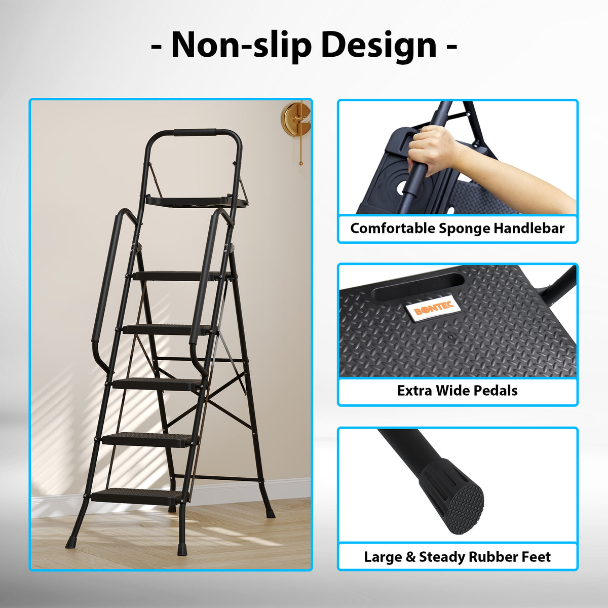 BONTEC 5 Step Ladder with Tool Bag and Tray, Folding Step Ladder with Wide Anti-Slip Pedals, Handrails and Soft Grip, Foldable Metal Step Stool for Kitchen, Pantry, Garage, Up to 150KG, Black