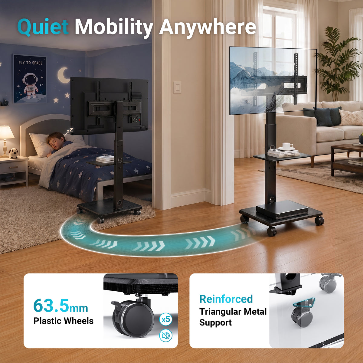 BONTEC TV Stand on Wheels, 5 Wheel Wooden Base Rolling Floor Mount for 32 to 80 inch TVs, Portable Mobile Cart, Wide Column, 60 kg, VESA 600x400, Smooth Castors, Dual Cable System, Height Adjustable