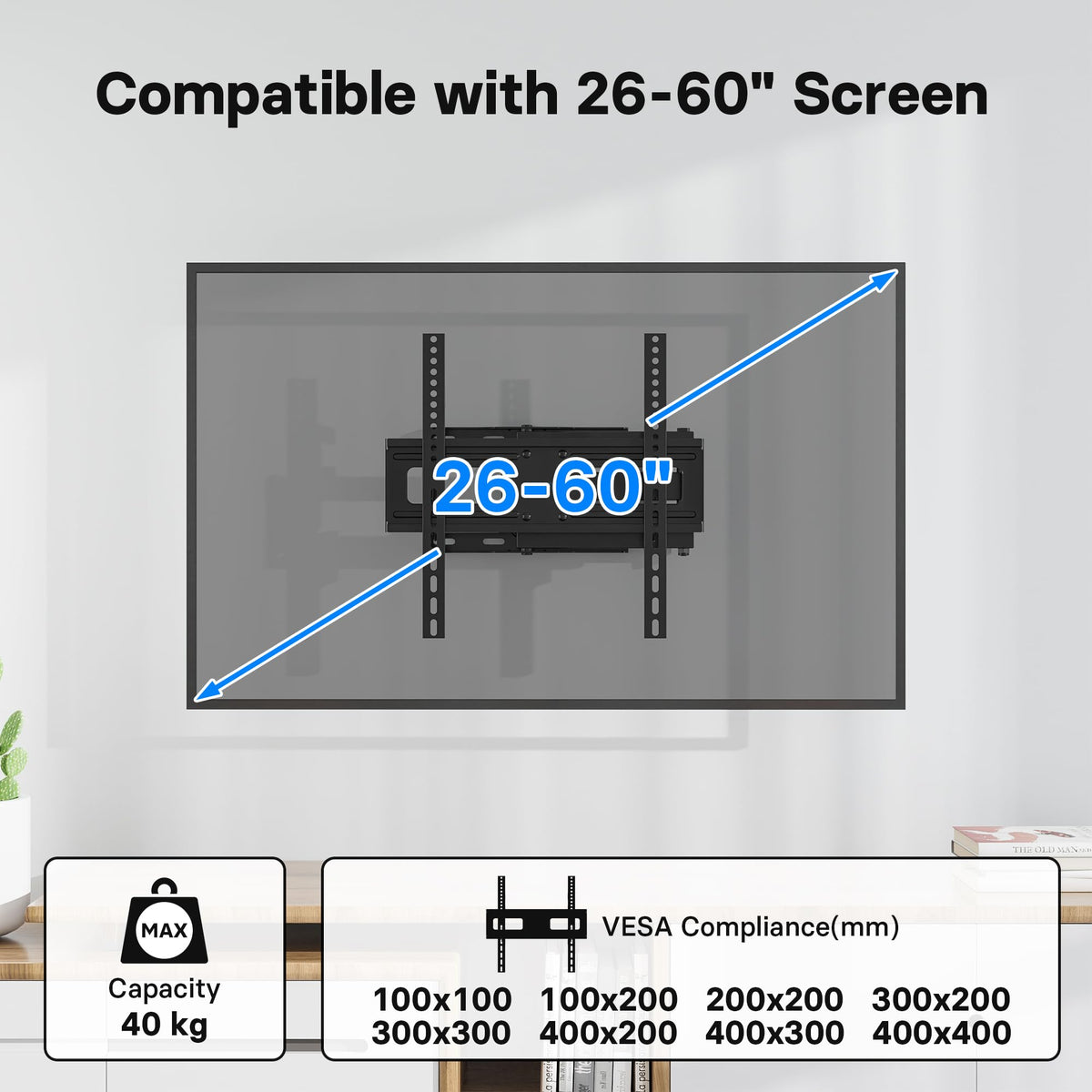 BONTEC TV Wall Bracket for 26-60 Inch, with Swivel, Tilt, and Extension from 80 to 500mm. Full Motion TV Wall Mount Capability of 40KG, Max. VESA 400x400, Perfect for Corner Mounting