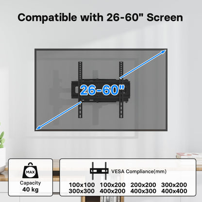 BONTEC TV Wall Bracket for 26-60 Inch, with Swivel, Tilt, and Extension from 80 to 500mm. Full Motion TV Wall Mount Capability of 40KG, Max. VESA 400x400, Perfect for Corner Mounting