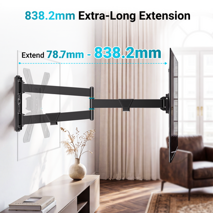 Support Mural Universel TV Plein Mouvement BONTEC pour Téléviseurs Intelligents de 32 à 75 Pouces, Support d'Angle avec Bras Extra Long de 838 mm, Rotation Paysage vers Portrait, Pivotant et Inclinable, Capacité de Charge de 50 kg, VESA Max 600x400 mm