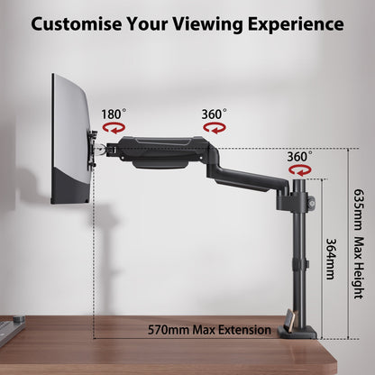 BONTEC Single Monitor Arm Desk Mount for 13-32 Inch Screens, Adjustable Gas Spring Arm Stand, VESA 75/100mm, 9kg Capacity, Tilt, Swivel, 360° Rotation, C-Clamp & Grommet Options, Ergonomic Design