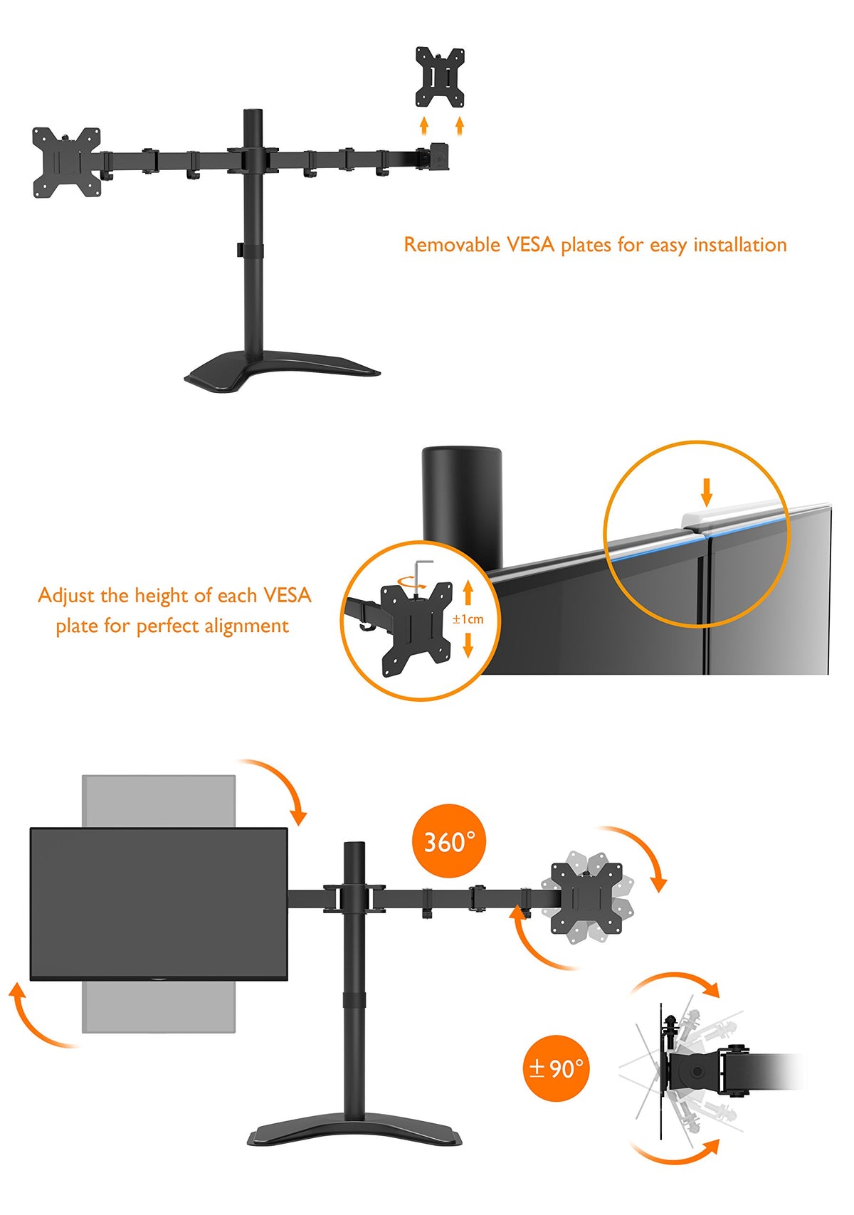 BONTEC Dual Monitor Stand for 13-27” Screens, Adjustable Desk Mount with Tilt, Swivel & Rotate, VESA 75x75 & 100x100mm, Height Adjustable, Holds Up to 10kg per Arm, Sturdy Base for Home & Office Use