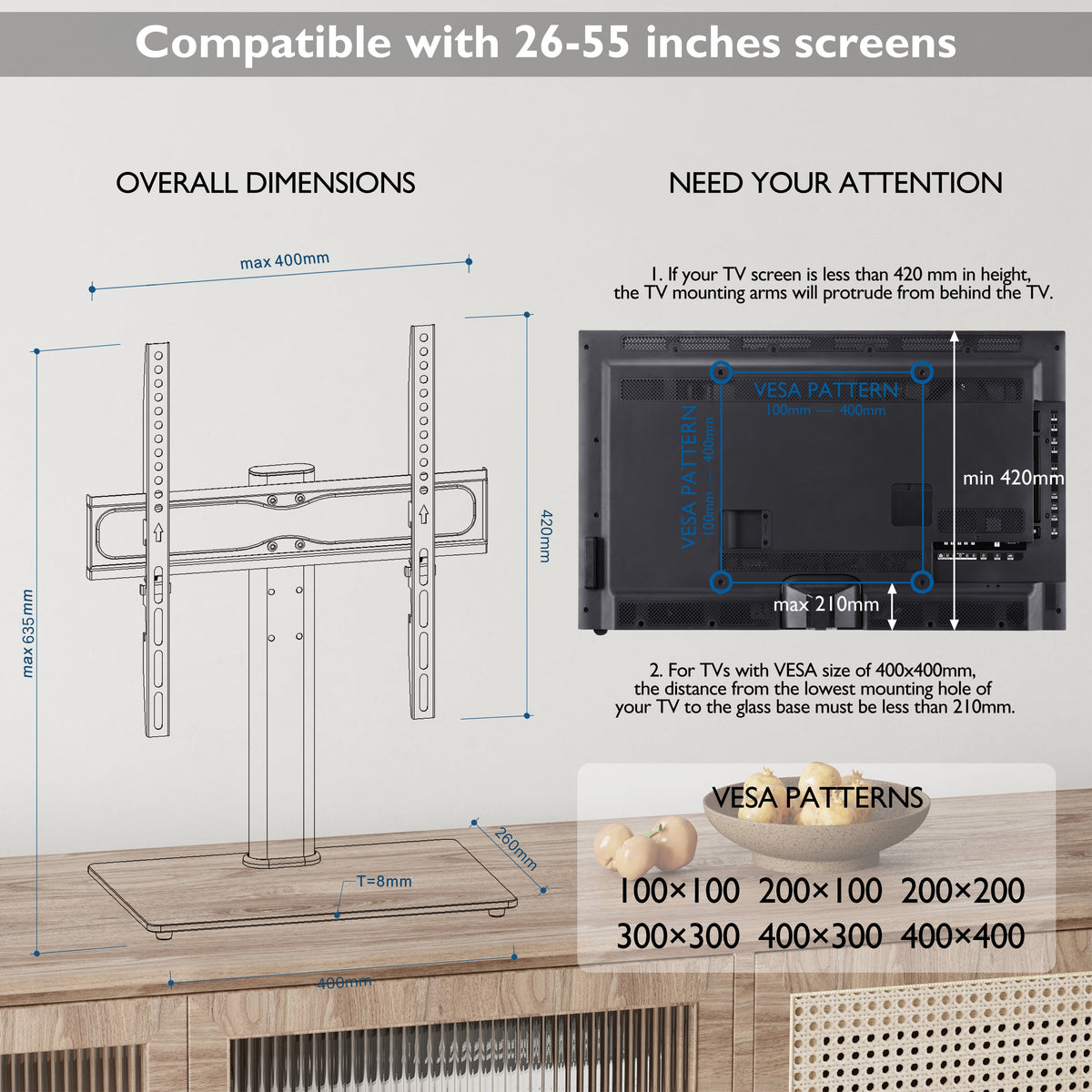 BONTEC Universal Table Top Pedestal TV Stand with Bracket for 26”-55” LCD/LED/Plasma TVs