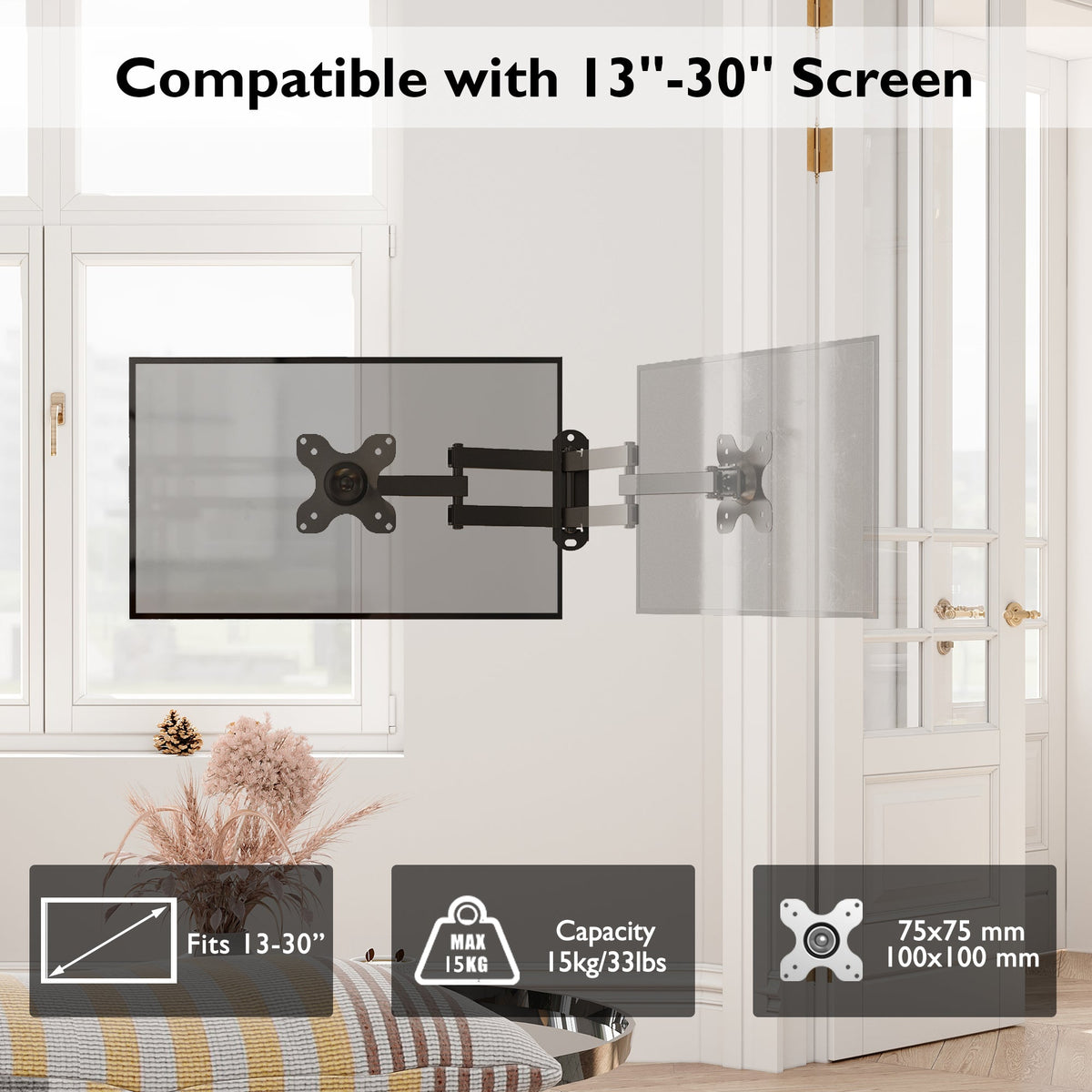 BONTEC Full Motion Articulating TV Wall Mount Bracket for 13''-30'' LCD LED TVs, Tilts Swivels Extends Rotates, VESA 75x75mm/100x100mm, Holds up to 15kg