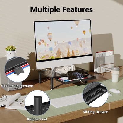 BONTEC Support d'écran avec tiroir, Rehausseur d'écran 3 hauteurs réglables pour Bureau, Plateforme en maille pour Ordinateur portable, Ordinateur, iMac, Imprimante jusqu'à 20 kg, Organisateur de bureau avec serre-câbles inclus