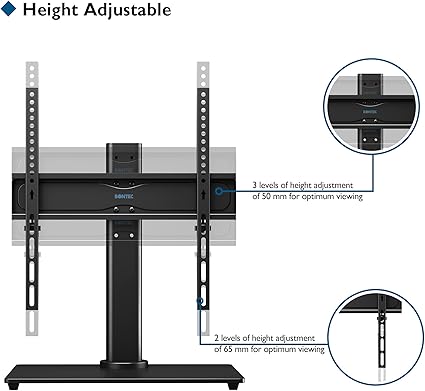 Support TV de table pivotant universel BONTEC pour écrans plats et incurvés LED, OLED, LCD, Plasma de 26 à 55 pouces, réglable en hauteur, base en verre, VESA max. 400x400 mm, supporte jusqu'à 40 kg