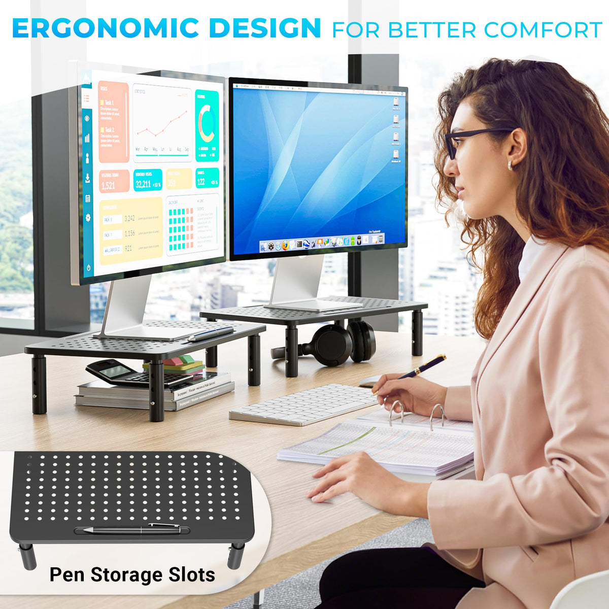 BONTEC Metal Monitor Stand, Adjustable Height Riser for Desk, Ergonomic 3-Level Desk Organizer with Cable Management, Laptop & Computer Monitor Stand up to 20KG, 2 Pack