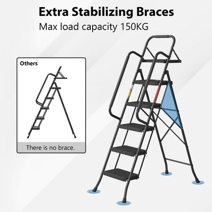 BONTEC 5 Step Ladder, Foldable Metal Stool with Tool Tray, 150 kg Load Steel frame, wide anti-slip pedals, sponge-covered handrail, compact storage, for kitchens, garages, indoor and outdoor tasks