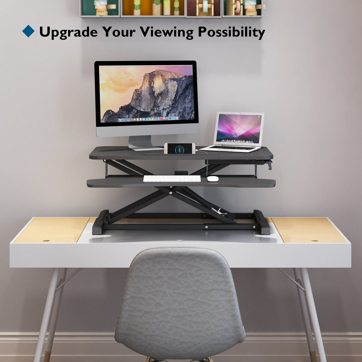 BONTEC Standing Desk Converter, 32in/80cm Height-Adjustable Dual Tier Workstation, Ergonomic Sit-Stand Desk Converter for PC Laptop Keyboard, Monitor Stand Compatible, Up to 15kg, Home Office