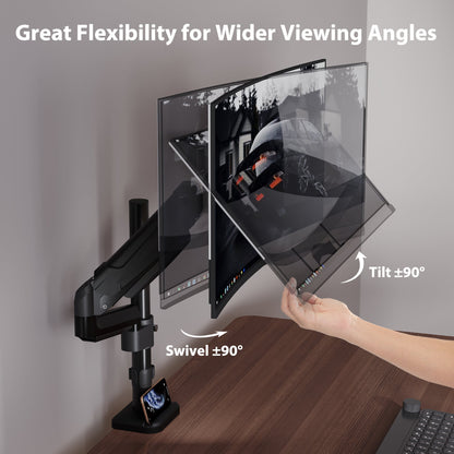 BONTEC Single Monitor Arm Desk Mount for 13-32 Inch Screens, Adjustable Gas Spring Arm Stand, VESA 75/100mm, 9kg Capacity, Tilt, Swivel, 360° Rotation, C-Clamp & Grommet Options, Ergonomic Design