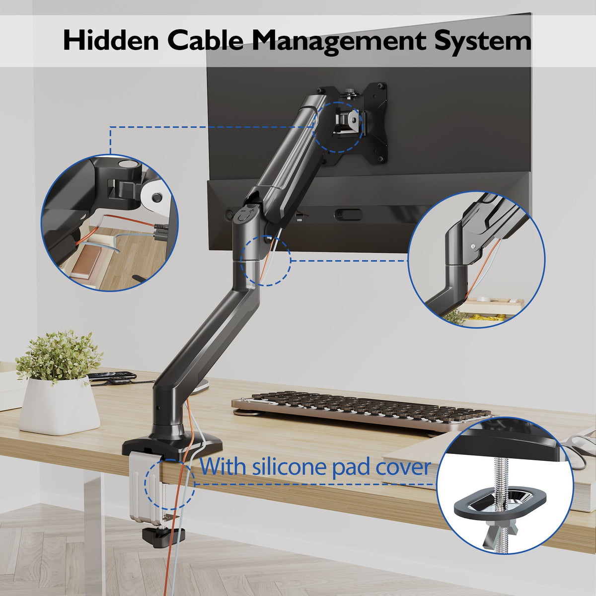 BONTEC Single Arm Monitor Desk Mount for 13-32 inch Screen, Tilt, Swivel, Rotation, Ergonomic Gas Spring Monitor Stand with Cable Management, VESA 75/100mm