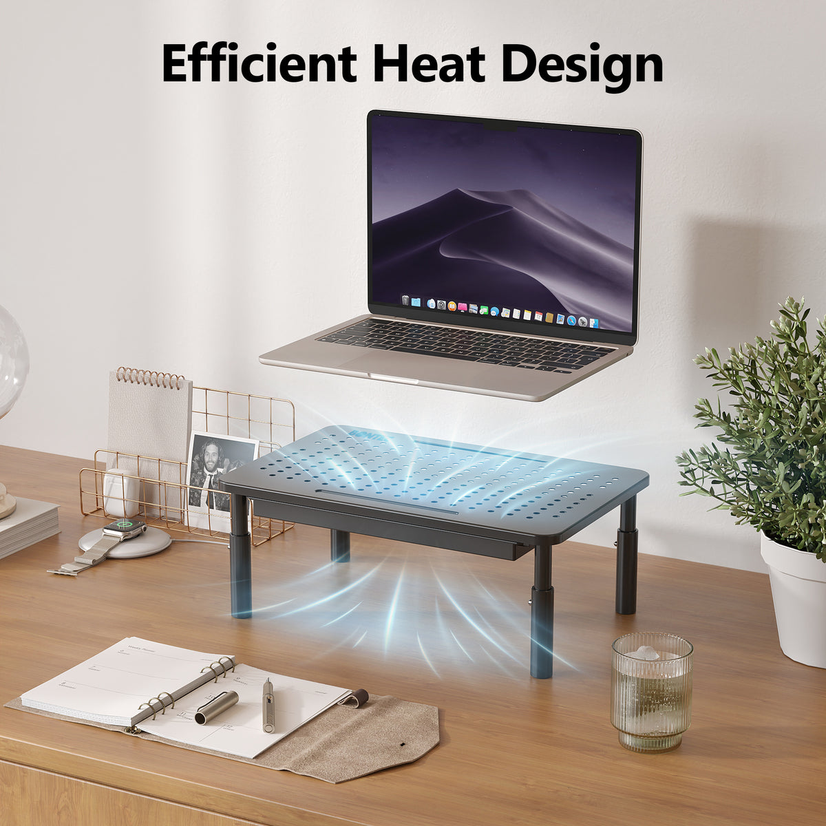 BONTEC Support d'écran avec tiroir, Rehausseur d'écran 3 hauteurs réglables pour Bureau, Plateforme en maille pour Ordinateur portable, Ordinateur, iMac, Imprimante jusqu'à 20 kg, Organisateur de bureau avec serre-câbles inclus