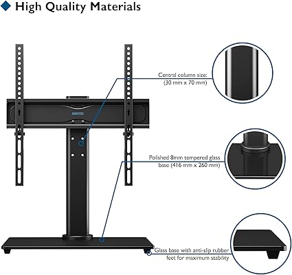 Support TV de table pivotant universel BONTEC pour écrans plats et incurvés LED, OLED, LCD, Plasma de 26 à 55 pouces, réglable en hauteur, base en verre, VESA max. 400x400 mm, supporte jusqu'à 40 kg