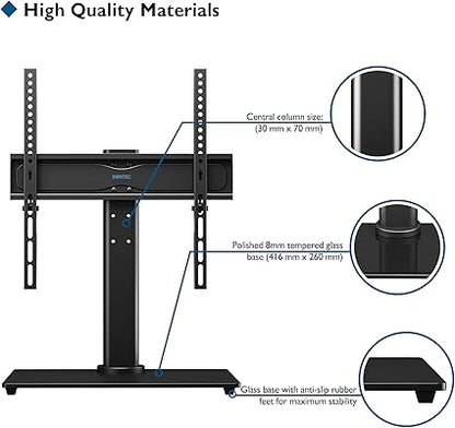 Support TV de table pivotant universel BONTEC pour écrans plats et incurvés LED, OLED, LCD, Plasma de 26 à 55 pouces, réglable en hauteur, base en verre, VESA max. 400x400 mm, supporte jusqu'à 40 kg