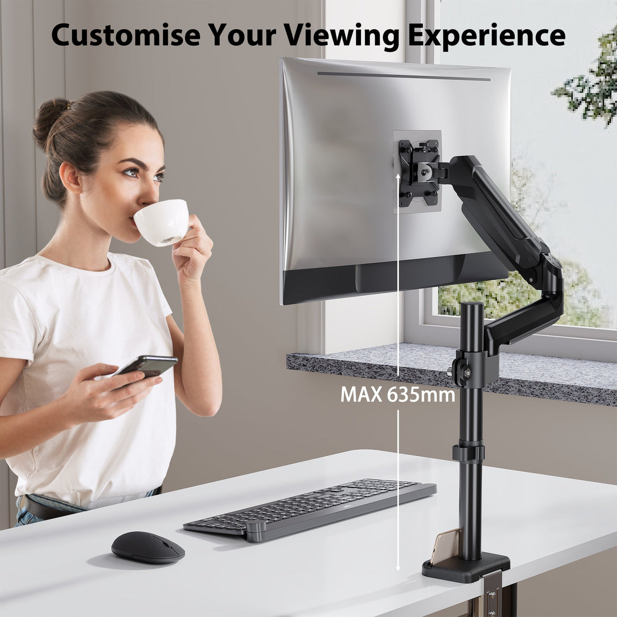 BONTEC Single Monitor Arm Desk Mount for 13-32 Inch Screens, Adjustable Gas Spring Arm Stand, VESA 75/100mm, 9kg Capacity, Tilt, Swivel, 360° Rotation, C-Clamp & Grommet Options, Ergonomic Design