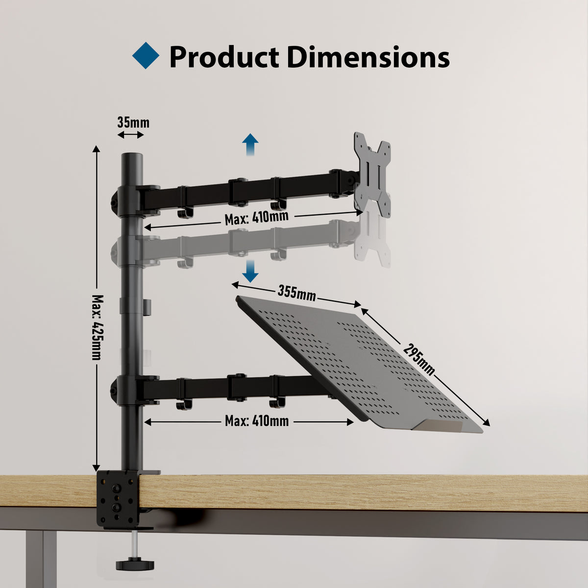 BONTEC Monitor Arm Mount with Laptop Tray for 13 to 27 inch LCD LED Screen & up to 17 inch Notebook,Tilt Rotation Swivel Ergonomic Desk Stand Bracket with Clamp, VESA Dimensions: 75x75-100x100mm