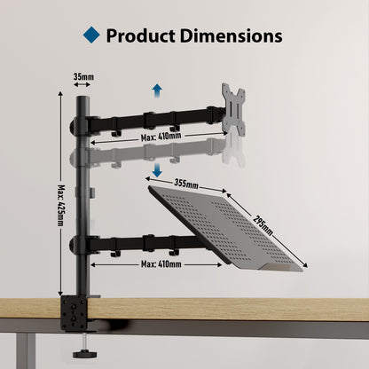 BONTEC Monitor Arm Mount with Laptop Tray for 13 to 27 inch LCD LED Screen & up to 17 inch Notebook,Tilt Rotation Swivel Ergonomic Desk Stand Bracket with Clamp, VESA Dimensions: 75x75-100x100mm