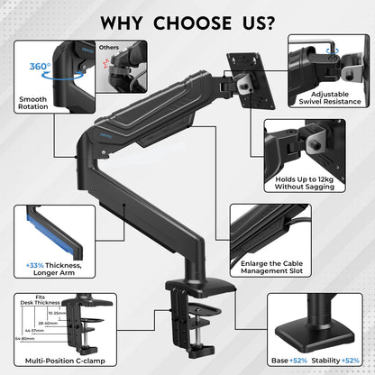 BONTEC Single Monitor Arm Desk Mount for 24-38 Inch Flat or Curved Screens, Gas Spring Adjustable 12kg Heavy Duty Monitor Arm with Tilt Swivel Rotation, VESA 75x75/100x100 mm, Cable Management System
